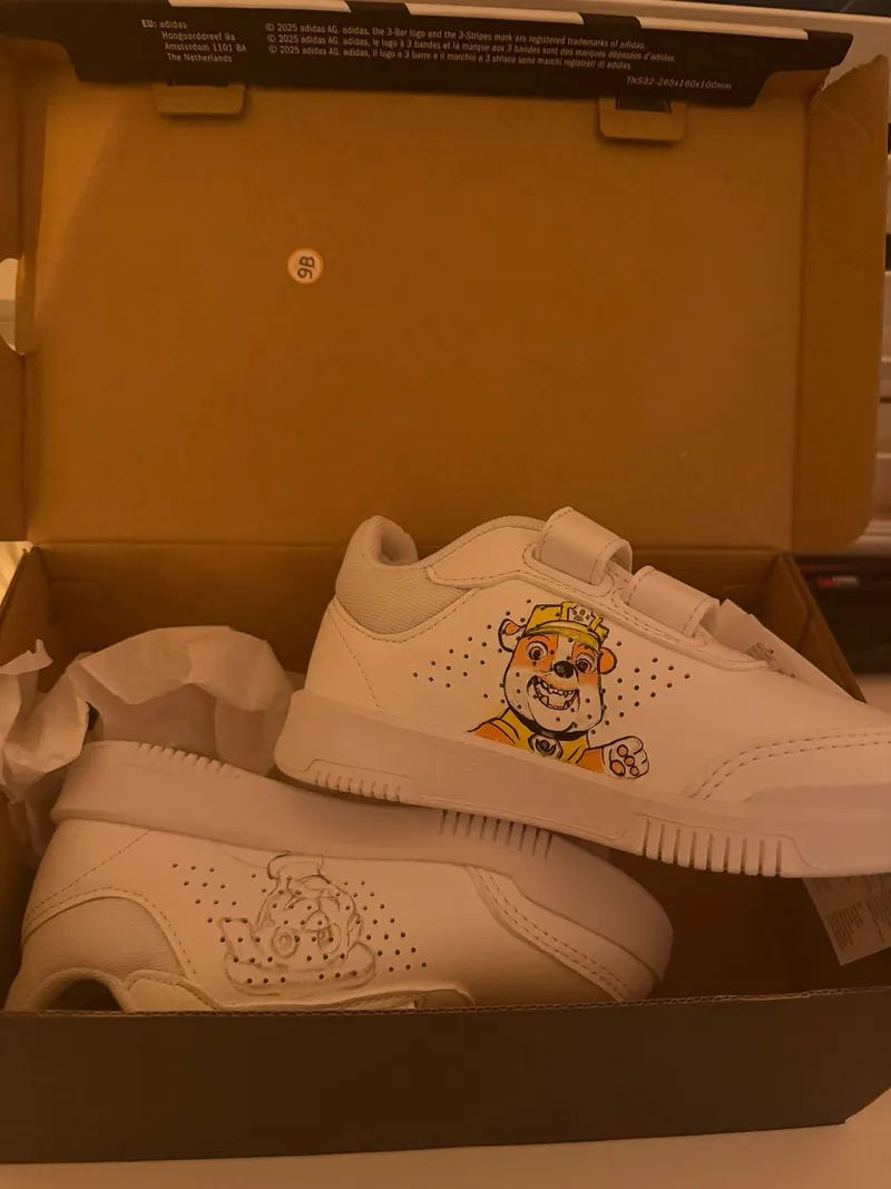 Paw Patrol trainers in their box, one sketched and one painted.